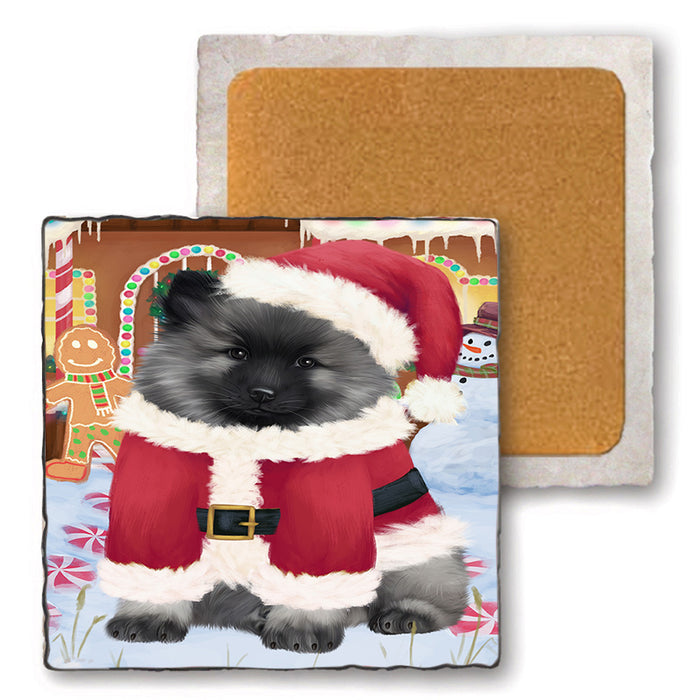 Christmas Gingerbread House Candyfest Keeshond Dog Set of 4 Natural Stone Marble Tile Coasters MCST51372