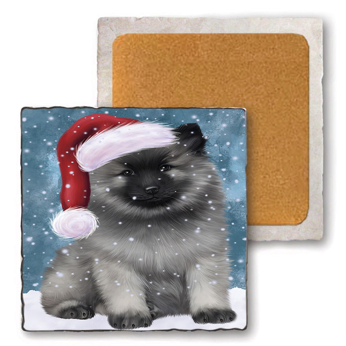 Let it Snow Christmas Holiday Keeshond Dog Wearing Santa Hat Set of 4 Natural Stone Marble Tile Coasters MCST49308