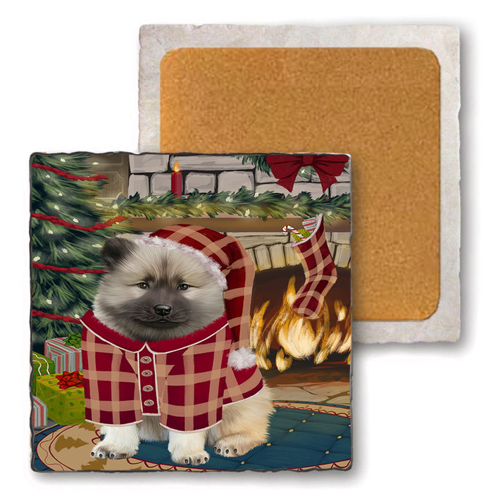 The Stocking was Hung Keeshond Dog Set of 4 Natural Stone Marble Tile Coasters MCST50346