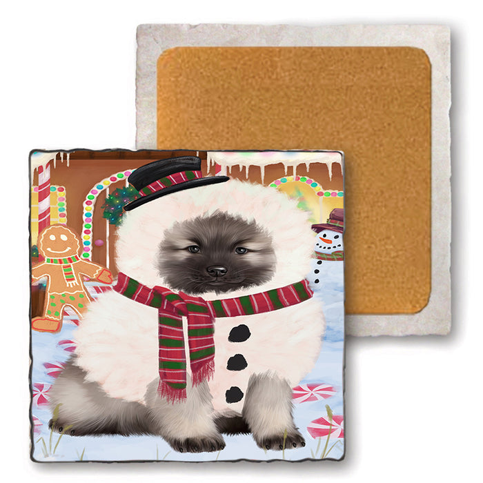 Christmas Gingerbread House Candyfest Keeshond Dog Set of 4 Natural Stone Marble Tile Coasters MCST51373