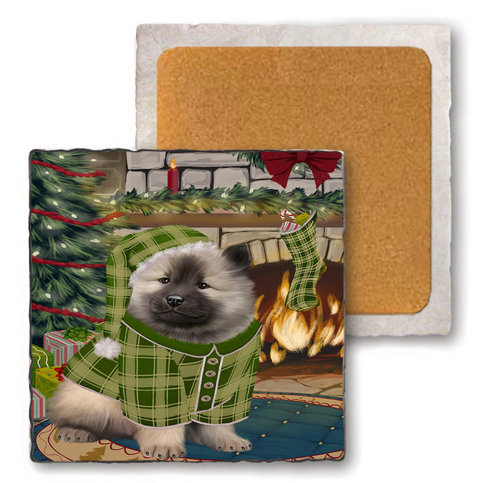 The Stocking was Hung Keeshond Dog Set of 4 Natural Stone Marble Tile Coasters MCST50347