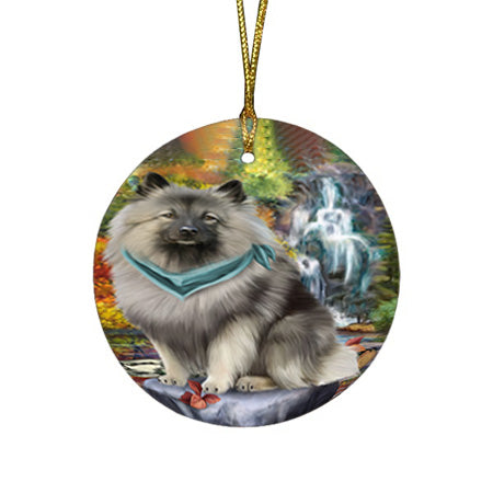 Scenic Waterfall Keeshond Dog Round Flat Christmas Ornament RFPOR51904