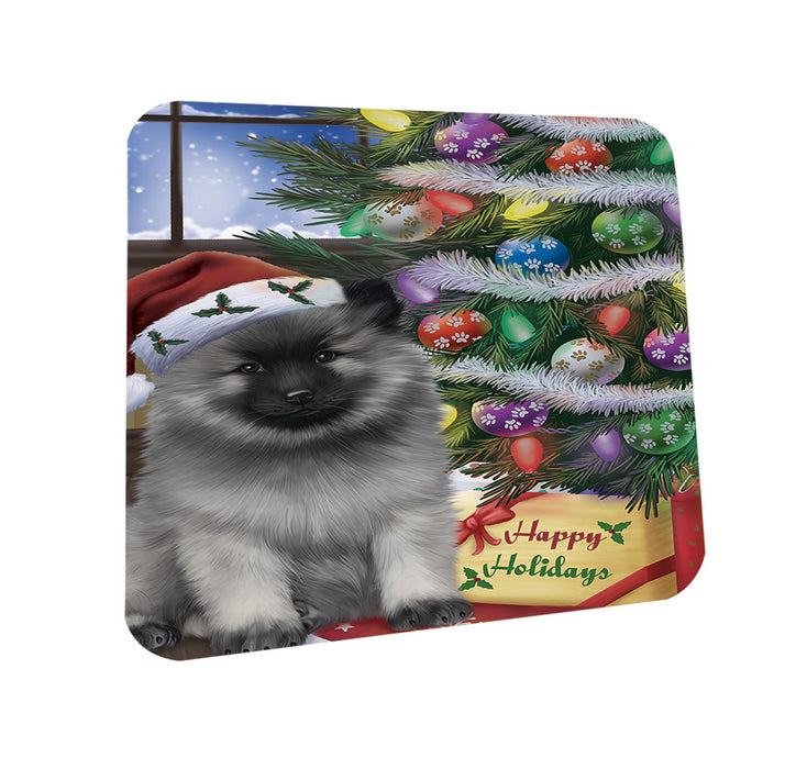 Christmas Happy Holidays Keeshond Dog with Tree and Presents Coasters Set of 4 CST53420