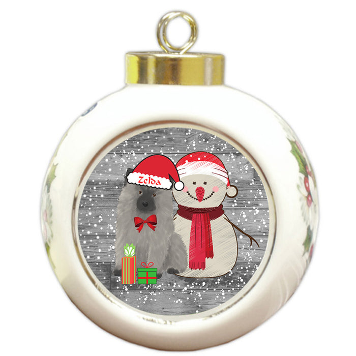 Custom Personalized Snowy Snowman and Keeshond Dog Christmas Round Ball Ornament