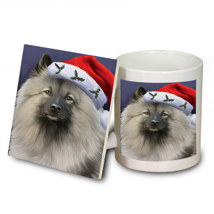Christmas Holidays Keeshond Dog Wearing Santa Hat Portrait Head Mug and Coaster Set MUC53492