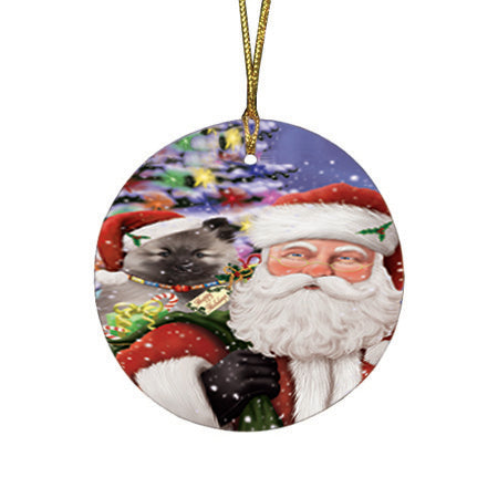 Santa Carrying Keeshond Dog and Christmas Presents Round Flat Christmas Ornament RFPOR53684