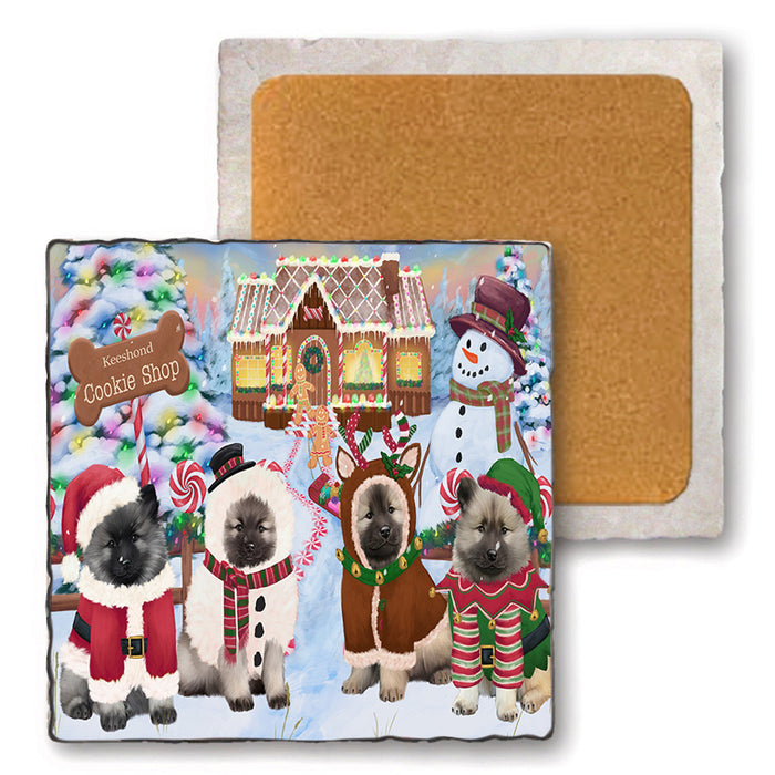 Holiday Gingerbread Cookie Shop Keeshonds Dog Set of 4 Natural Stone Marble Tile Coasters MCST51409