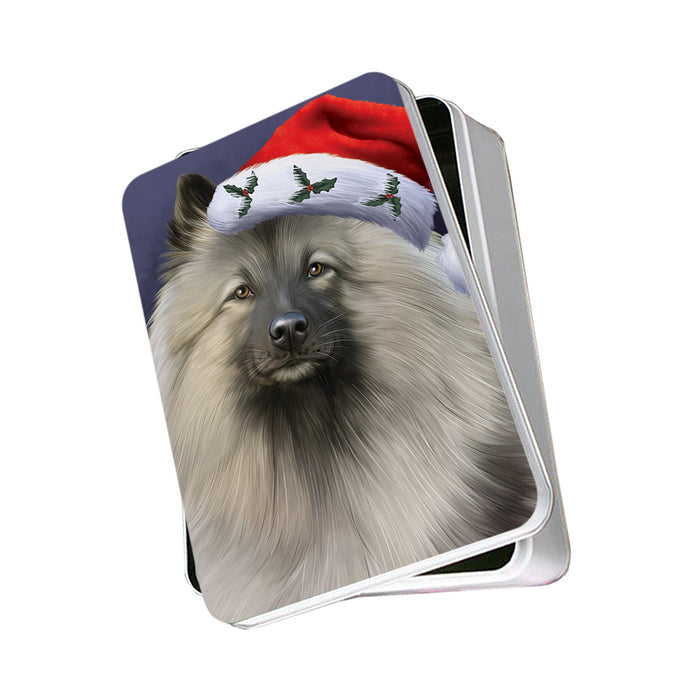Christmas Holidays Keeshond Dog Wearing Santa Hat Portrait Head Photo Storage Tin PITN53500