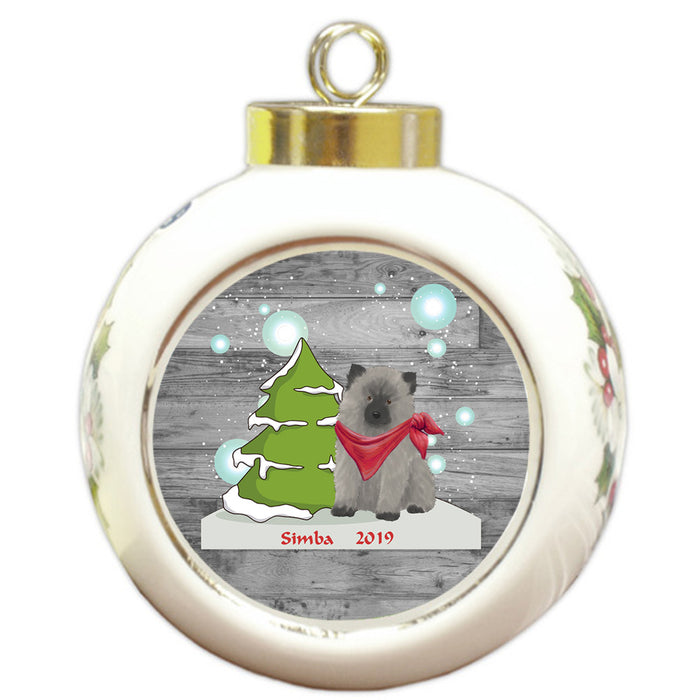 Custom Personalized Winter Scenic Tree and Presents Keeshond Dog Christmas Round Ball Ornament
