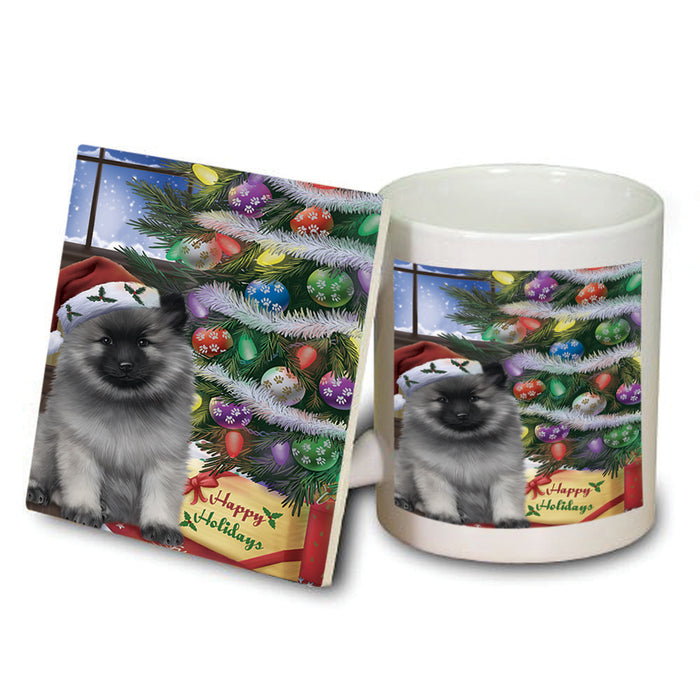 Christmas Happy Holidays Keeshond Dog with Tree and Presents Mug and Coaster Set MUC53454
