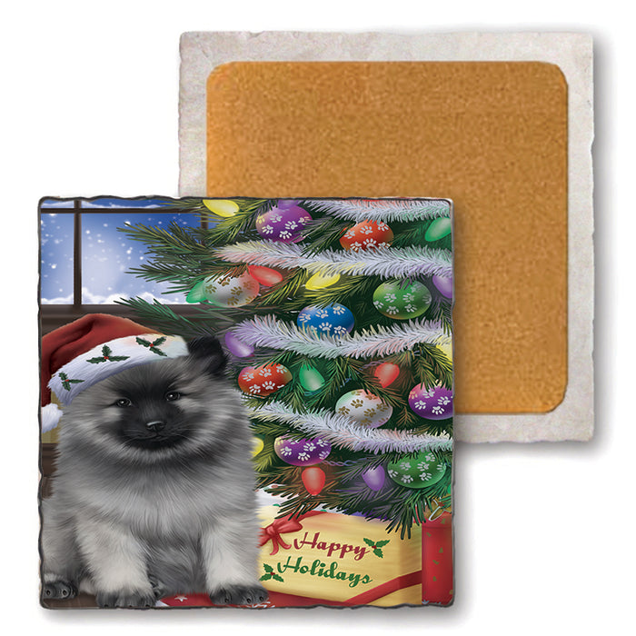 Christmas Happy Holidays Keeshond Dog with Tree and Presents Set of 4 Natural Stone Marble Tile Coasters MCST48462