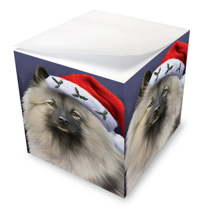 Christmas Holidays Keeshond Dog Wearing Santa Hat Portrait Head Note Cube NOC55146