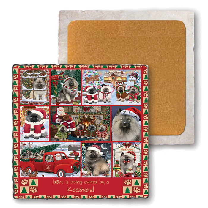 Love is Being Owned Christmas Keeshond Dogs Set of 4 Natural Stone Marble Tile Coasters MCST52234