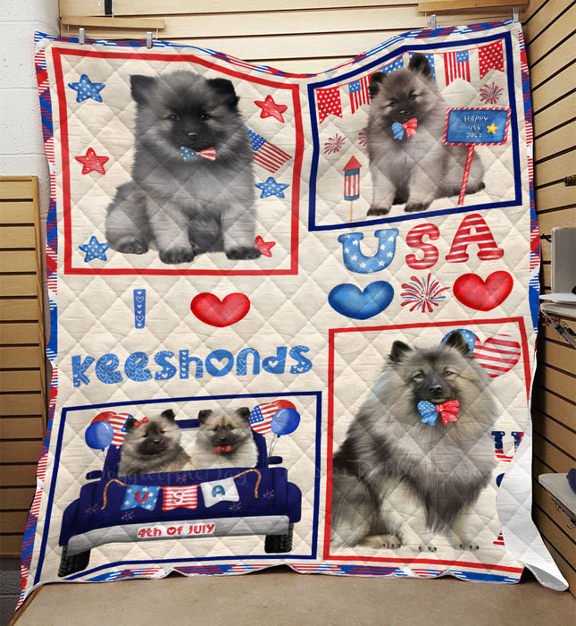 4th of July Independence Day I Love USA Keeshond Dogs Quilt Bed Coverlet Bedspread - Pets Comforter Unique One-side Animal Printing - Soft Lightweight Durable Washable Polyester Quilt