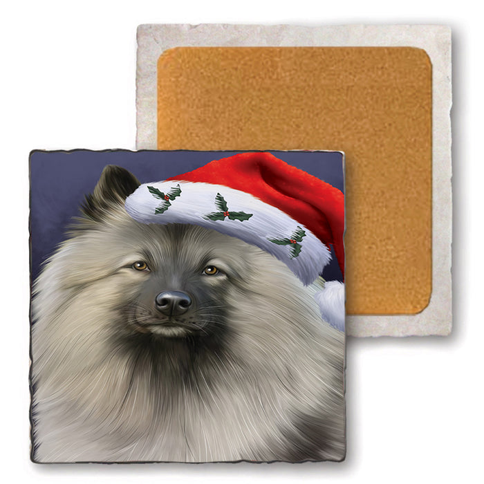 Christmas Holidays Keeshond Dog Wearing Santa Hat Portrait Head Set of 4 Natural Stone Marble Tile Coasters MCST48500