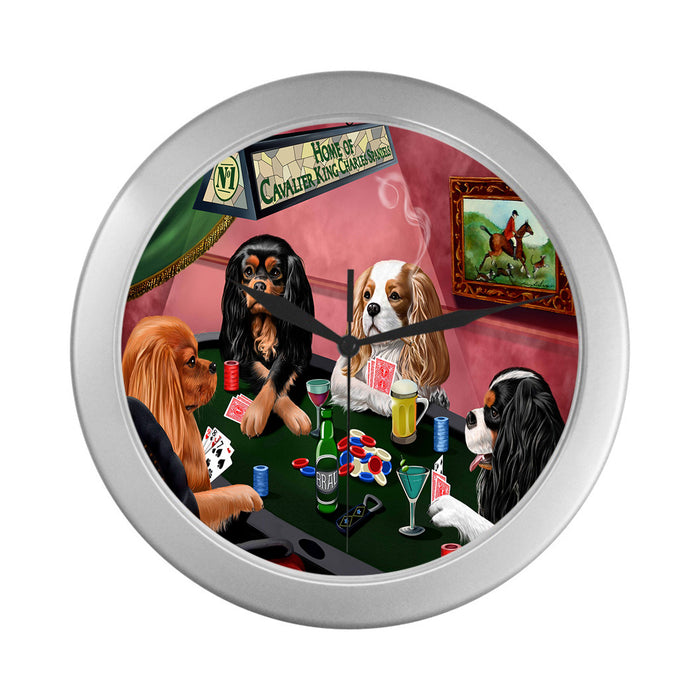 Home of King Charles Cavalier Dogs Playing Poker Silver Wall Clocks