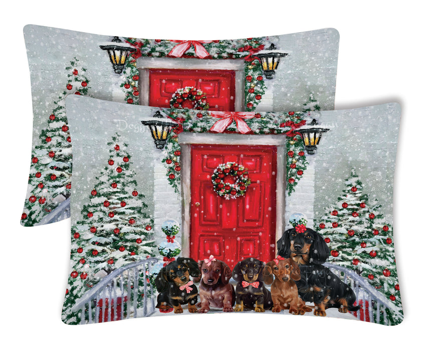 Christmas Holiday Welcome Red Door Dachshund Dogs Pillow Case