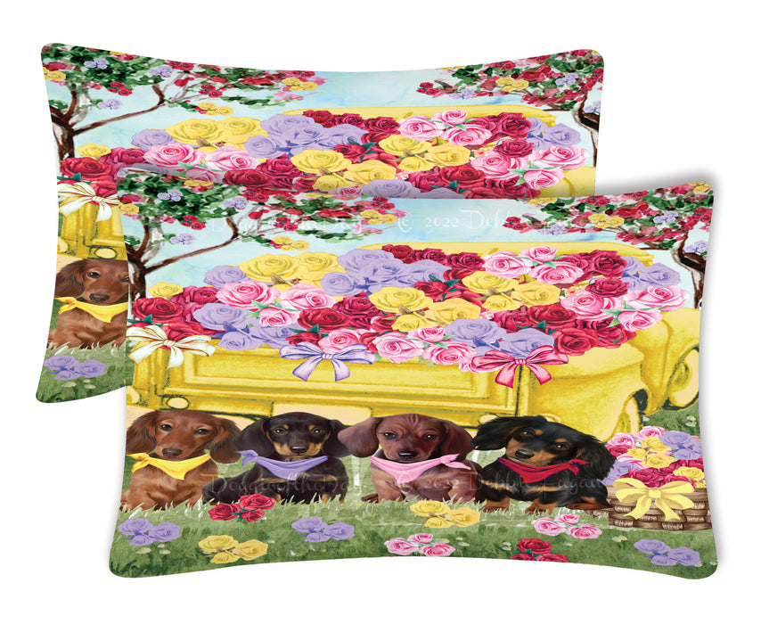 Floral Yellow Truck Dachshund Dogs Pillow Case