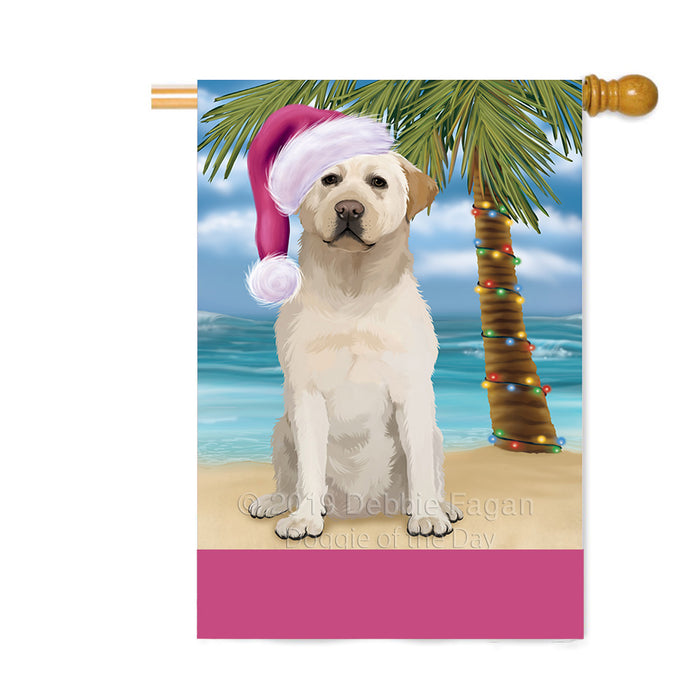 Personalized Summertime Happy Holidays Christmas Labrador Dog on Tropical Island Beach Custom House Flag FLG-DOTD-A60547