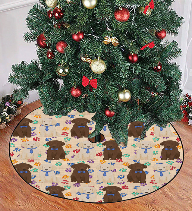 Rainbow Paw Print Labrador Dogs Blue Christmas Tree Skirt
