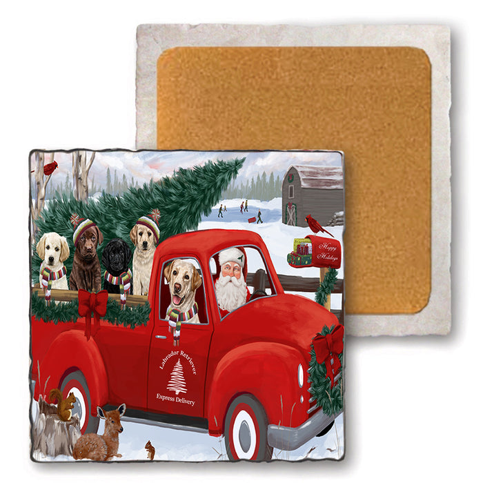 Christmas Santa Express Delivery Labrador Retrievers Dog Family Set of 4 Natural Stone Marble Tile Coasters MCST50046