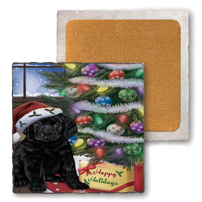 Christmas Happy Holidays Labrador Retriever Dog with Tree and Presents Set of 4 Natural Stone Marble Tile Coasters MCST48837