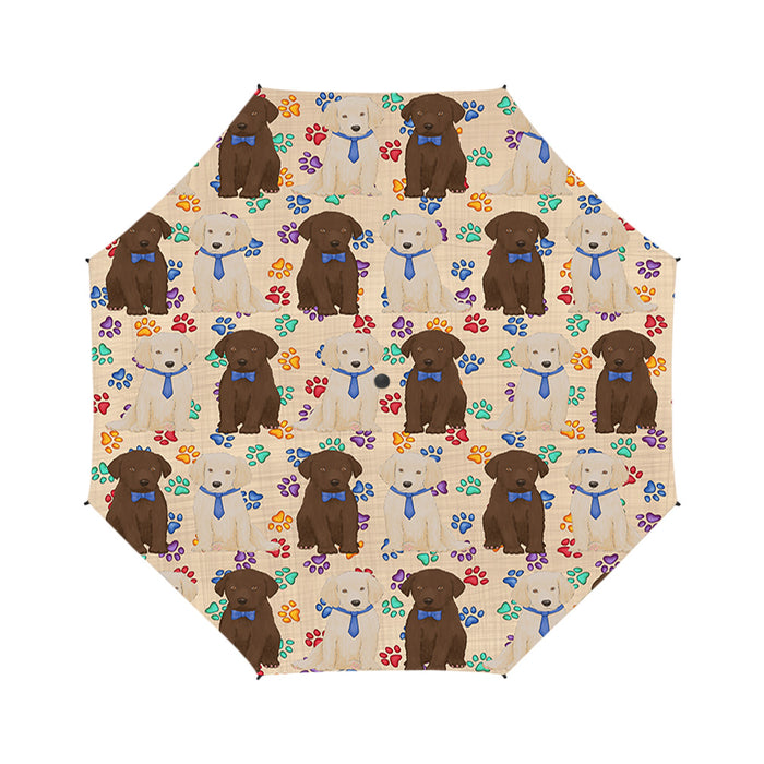 Rainbow Paw Print Labrador Dogs Blue Semi-Automatic Foldable Umbrella