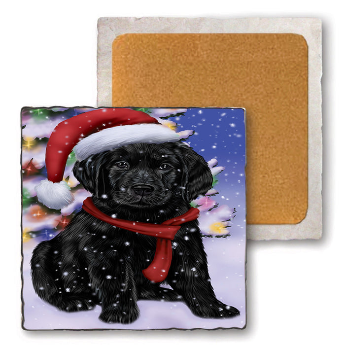 Winterland Wonderland Labrador Retriever Dog In Christmas Holiday Scenic Background  Set of 4 Natural Stone Marble Tile Coasters MCST48398