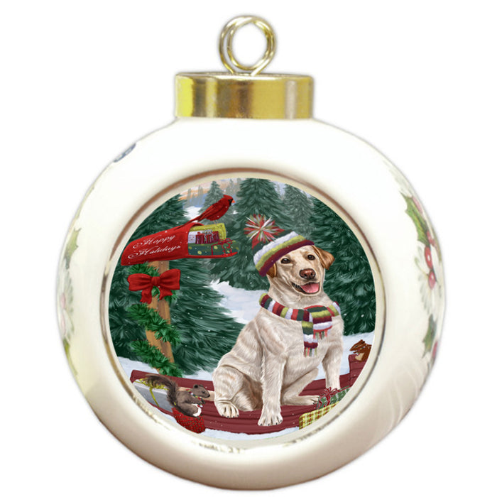 Merry Christmas Woodland Sled Labrador Retriever Dog Round Ball Christmas Ornament RBPOR55315