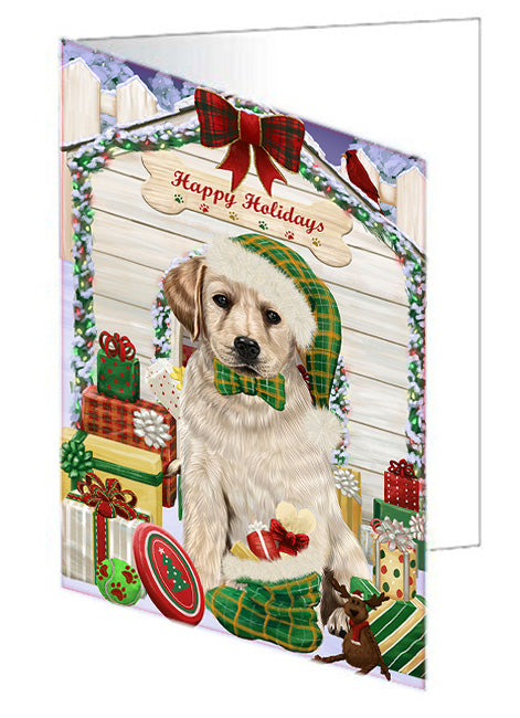 Happy Holidays Christmas Labrador Retriever Dog House with Presents Handmade Artwork Assorted Pets Greeting Cards and Note Cards with Envelopes for All Occasions and Holiday Seasons GCD58337