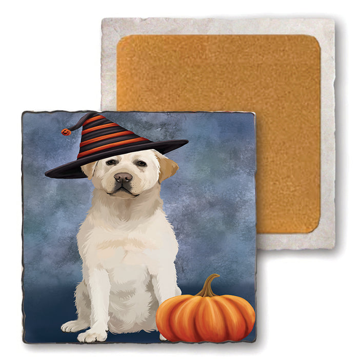 Happy Halloween Labrador Retriever Dog Wearing Witch Hat with Pumpkin Set of 4 Natural Stone Marble Tile Coasters MCST49960