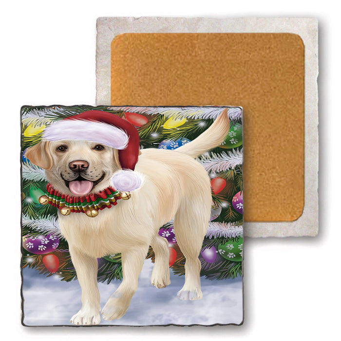 Trotting in the Snow Labrador Retriever Dog Set of 4 Natural Stone Marble Tile Coasters MCST49585