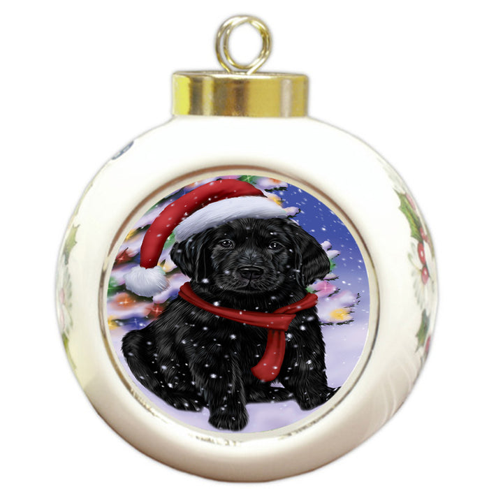 Winterland Wonderland Labrador Retriever Dog In Christmas Holiday Scenic Background  Round Ball Christmas Ornament RBPOR53398