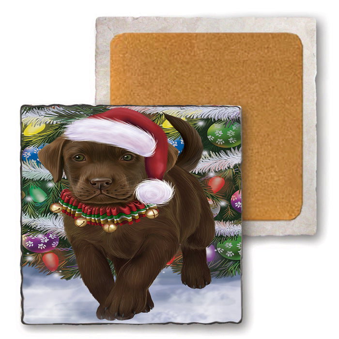 Trotting in the Snow Labrador Retriever Dog Set of 4 Natural Stone Marble Tile Coasters MCST49586