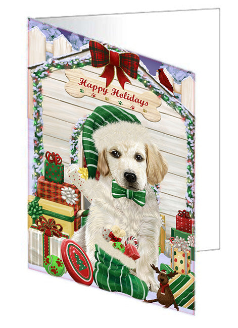 Happy Holidays Christmas Labrador Retriever Dog House with Presents Handmade Artwork Assorted Pets Greeting Cards and Note Cards with Envelopes for All Occasions and Holiday Seasons GCD58340