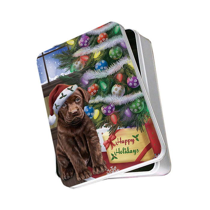 Christmas Happy Holidays Labrador Retriever Dog with Tree and Presents Photo Storage Tin PITN53781