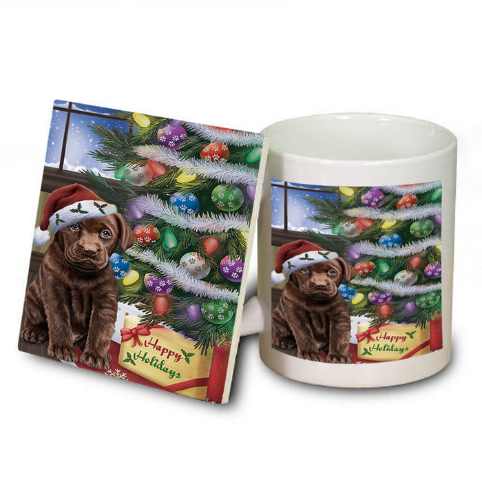 Christmas Happy Holidays Labrador Retriever Dog with Tree and Presents Mug and Coaster Set MUC53830