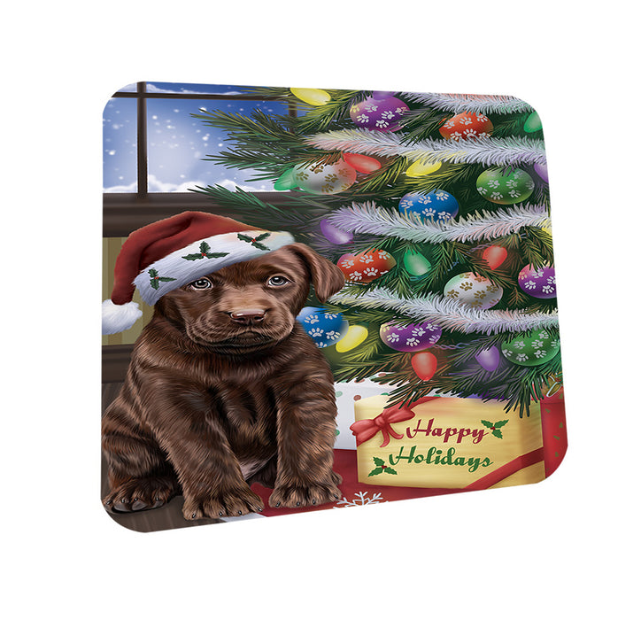 Christmas Happy Holidays Labrador Retriever Dog with Tree and Presents Coasters Set of 4 CST53796