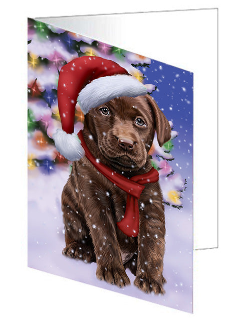 Winterland Wonderland Labrador Retriever Dog In Christmas Holiday Scenic Background  Handmade Artwork Assorted Pets Greeting Cards and Note Cards with Envelopes for All Occasions and Holiday Seasons GCD64226