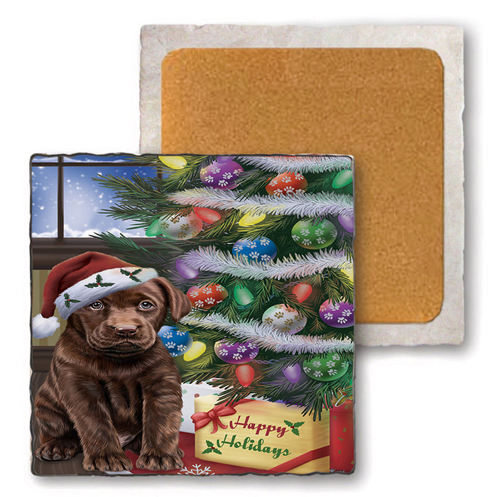 Christmas Happy Holidays Labrador Retriever Dog with Tree and Presents Set of 4 Natural Stone Marble Tile Coasters MCST48838