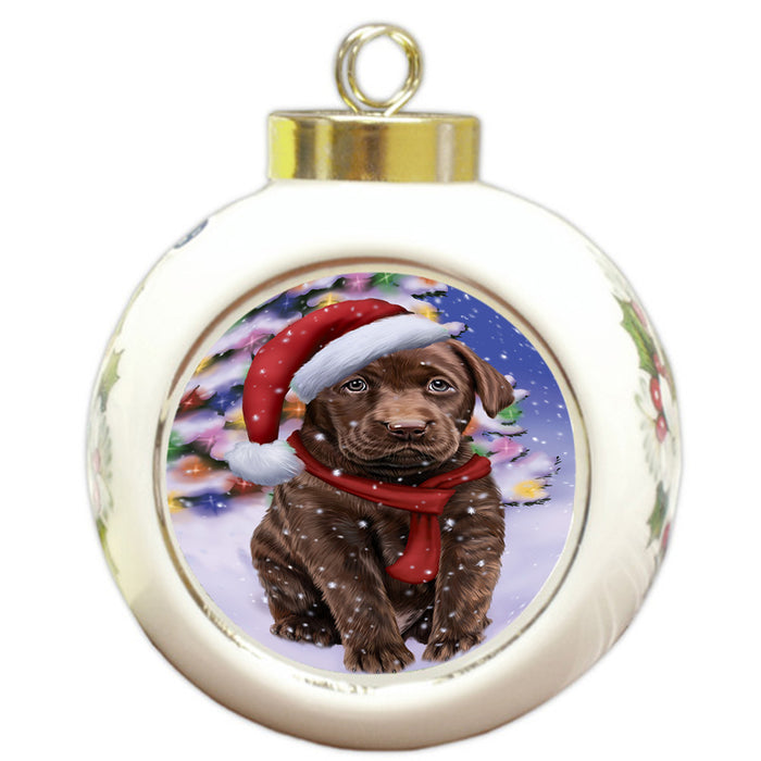 Winterland Wonderland Labrador Retriever Dog In Christmas Holiday Scenic Background  Round Ball Christmas Ornament RBPOR53399