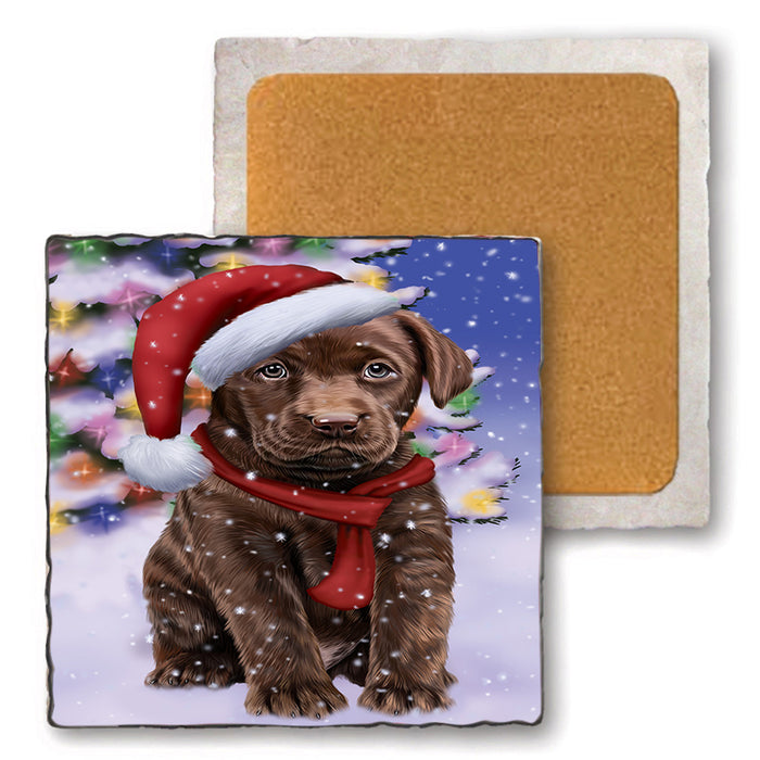 Winterland Wonderland Labrador Retriever Dog In Christmas Holiday Scenic Background  Set of 4 Natural Stone Marble Tile Coasters MCST48399
