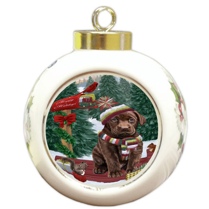 Merry Christmas Woodland Sled Labrador Retriever Dog Round Ball Christmas Ornament RBPOR55316
