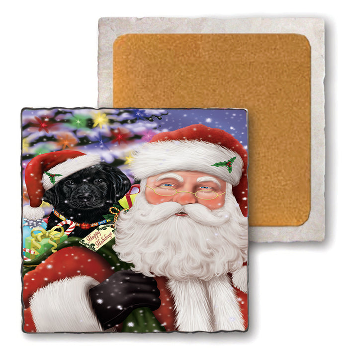 Santa Carrying Labrador Retriever Dog and Christmas Presents Set of 4 Natural Stone Marble Tile Coasters MCST48996