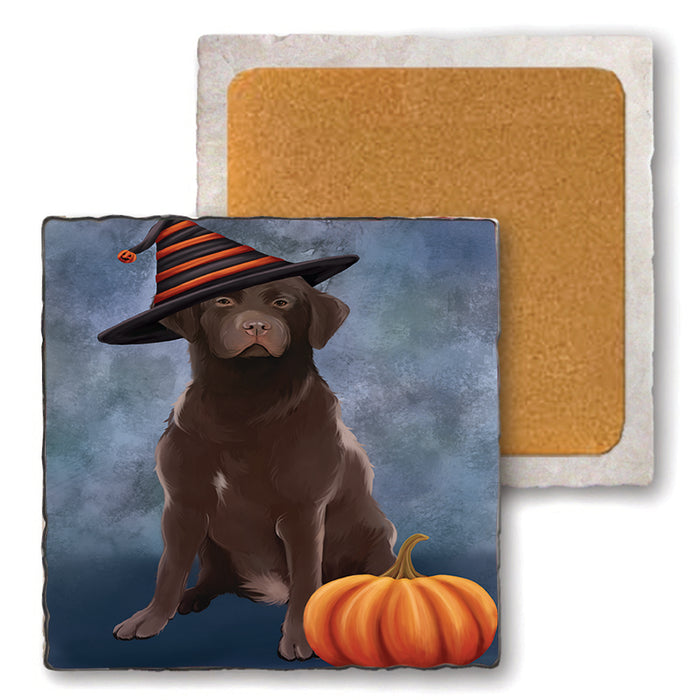 Happy Halloween Labrador Retriever Dog Wearing Witch Hat with Pumpkin Set of 4 Natural Stone Marble Tile Coasters MCST49961