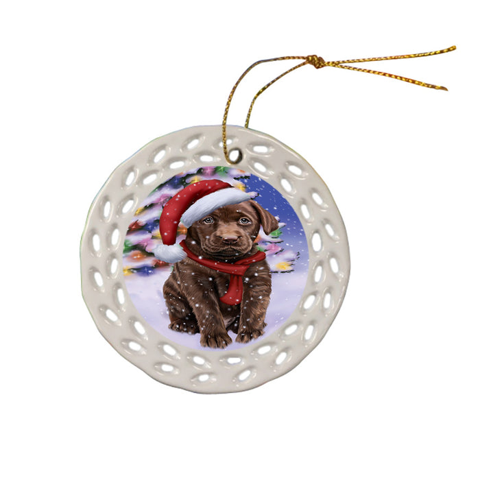 Winterland Wonderland Labrador Retriever Dog In Christmas Holiday Scenic Background  Ceramic Doily Ornament DPOR53399
