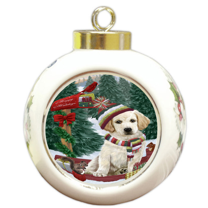 Merry Christmas Woodland Sled Labrador Retriever Dog Round Ball Christmas Ornament RBPOR55317