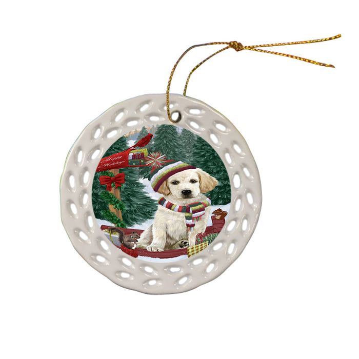 Merry Christmas Woodland Sled Labrador Retriever Dog Ceramic Doily Ornament DPOR55317