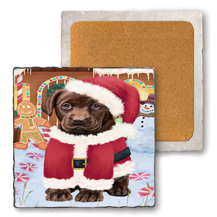 Christmas Gingerbread House Candyfest Labrador Retriever Dog Set of 4 Natural Stone Marble Tile Coasters MCST51376