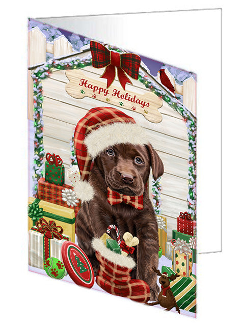 Happy Holidays Christmas Labrador Retriever Dog House with Presents Handmade Artwork Assorted Pets Greeting Cards and Note Cards with Envelopes for All Occasions and Holiday Seasons GCD58343
